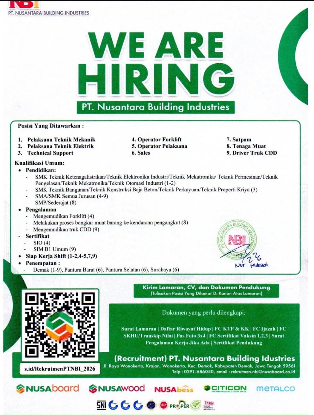 LOKER PT. NUSANTARA BUILDING INDUSTRIES
